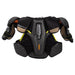 Black shoulder pads with orange detail and lining