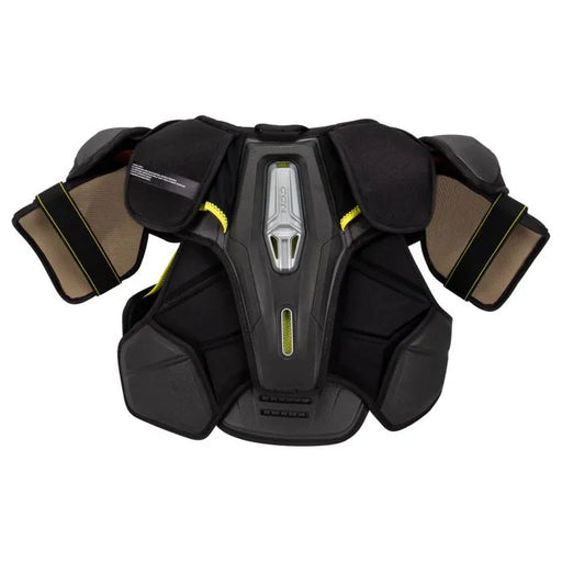 grey shoulder pads with yellow detail and yellow lining