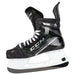 Black skates, with small green features. White laces and black lining