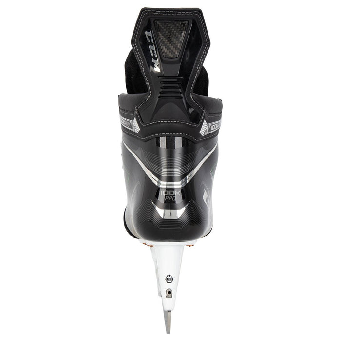 Black skates, with small green features. White laces and black lining