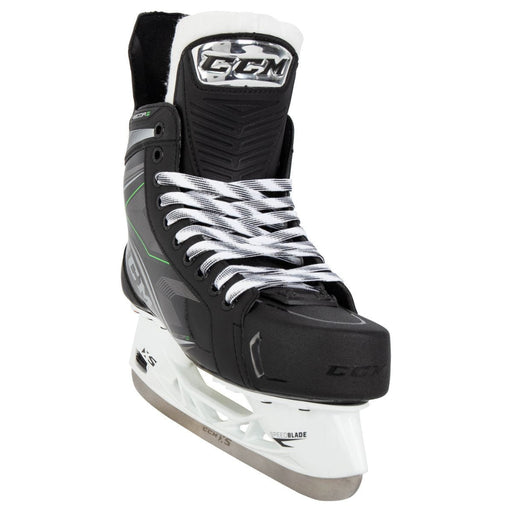 Black skates with green features. White laces. 