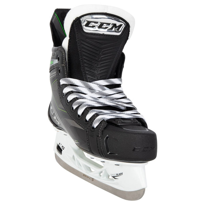 Black skates, with small green features. White laces and black lining