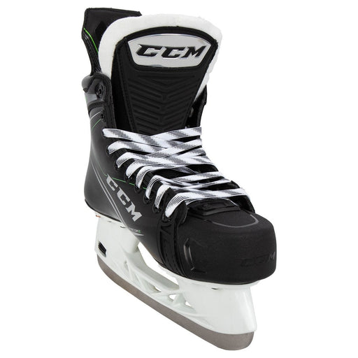Black skates, with small green features. White laces and black lining