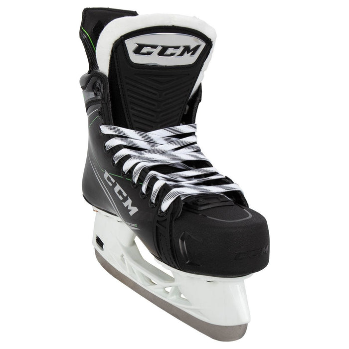 Black skates, with small green features. White laces and black lining