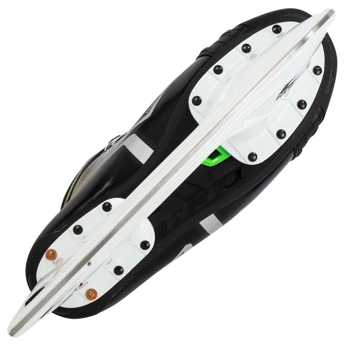 Black skates, with small green features. White laces and black lining