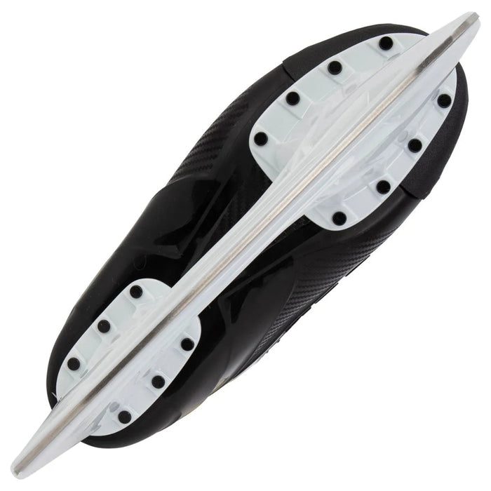 Black skates with yellow trim and white laces