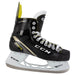 Black skates with gold accents, white laces and yellow lining