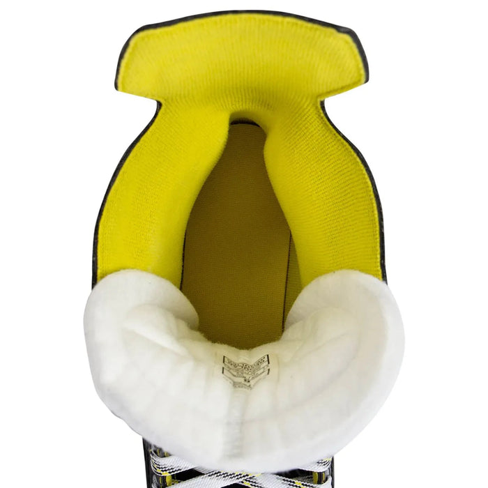 Black skates with gold accents, white laces and yellow lining