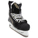 Black skates with gold accents, white laces and black lining