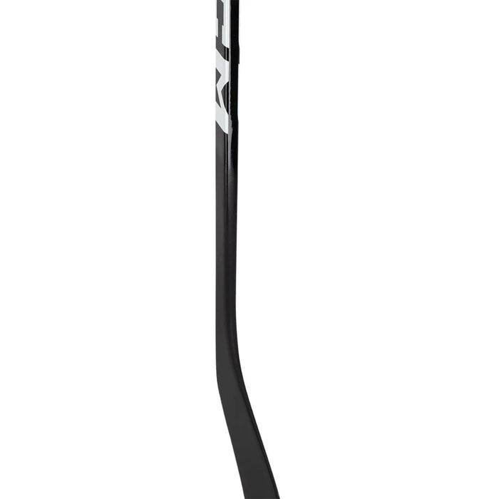 black hockey stick with white text