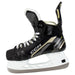 Black skates with gold accents, white laces and black lining