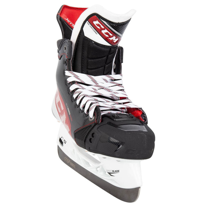 Black and red skates, with white and red laces and red lining
