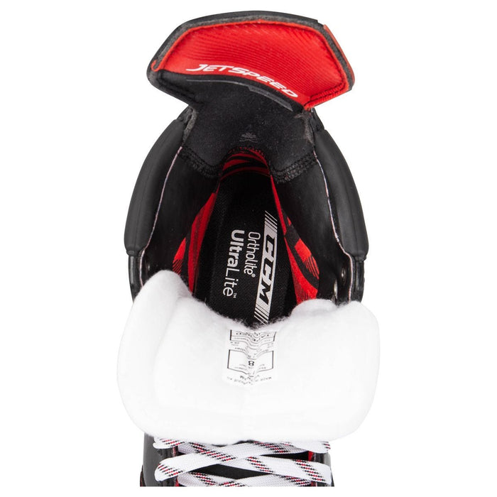 Black and red skates, with white and red laces and red lining