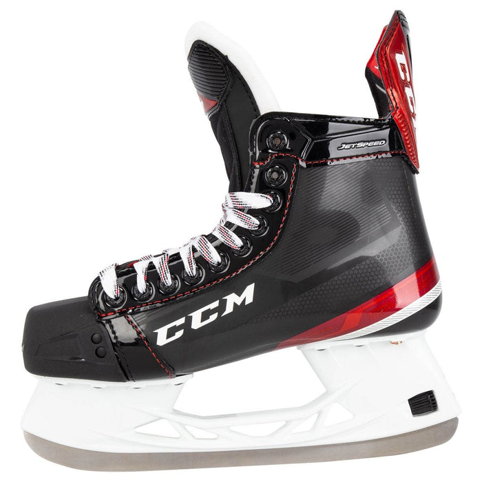 Black and red skates, with white and red laces and red lining