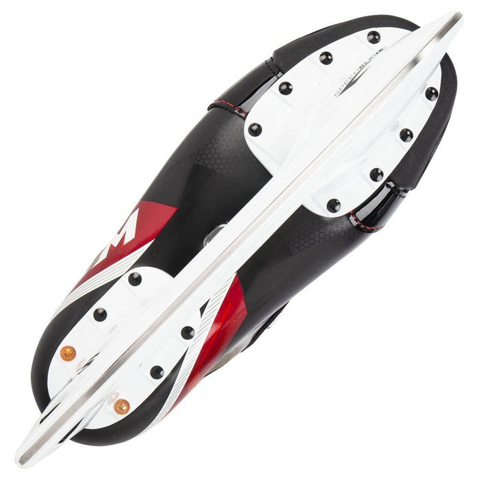 Black and red skates, with white and red laces and red lining